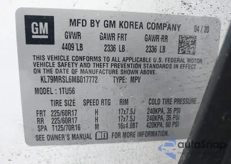 2021 Chevrolet Trailblazer Awd Lt z USA, uszkodzony, nr VIN KL79MRSL6MB017772